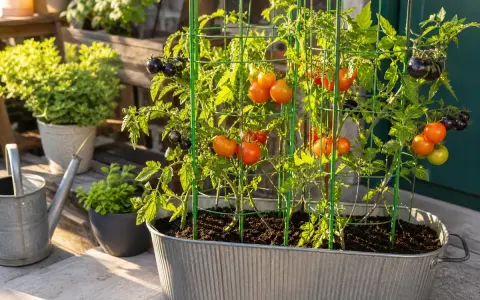 Reife Tomatenpflanzen im Topf, mit roten und schwarzen Früchten, gestützt von grünen Rankgittern.