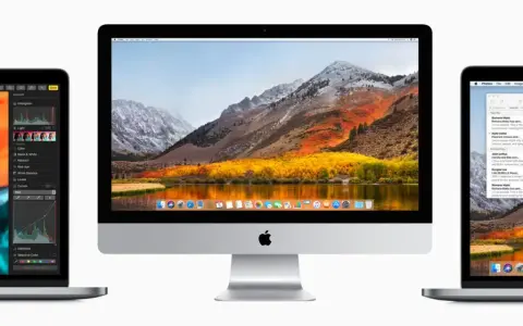 Trzy urządzenia z systemami macOS: iMac z malowniczym krajobrazem na ekranie i dwa laptopy, jeden z edytorem zdjęć, drugi z aplikacją Poczta.