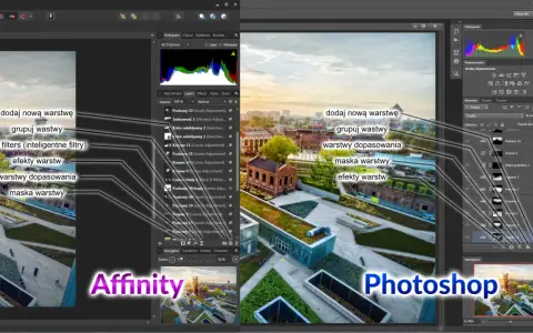 Porównanie interfejsów Affinity i Photoshop z widocznymi panelami warstw i narzędziami.