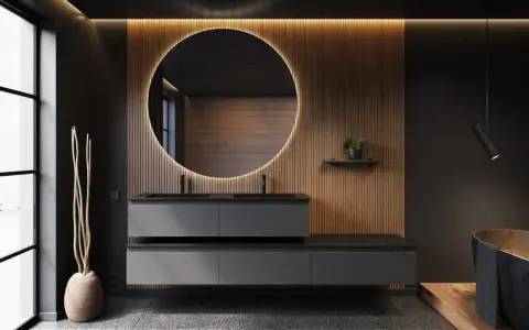 Élégante salle de bain style japonais avec double vasque, miroir rond lumineux et boiseries chaleureuses.