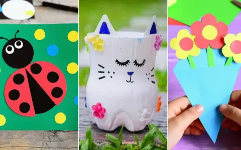 Manualidades primavera infantil: mariquita en cartulina, gatito con botella reciclada y ramo de flores de papel.