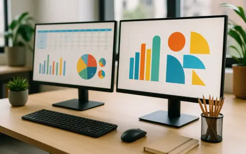 Bureau avec deux écrans affichant des graphiques. Un ordinateur avec Windows VM en ligne pour analyser les données.