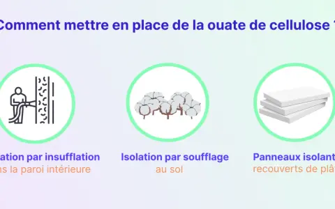 Illustration montrant comment mettre en place de la ouate de cellulose : insufflation, soufflage au sol, panneaux isolants.