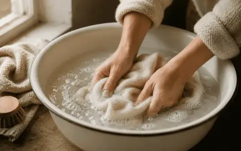 Händer tvättar ull med såpa i en balja. En borste och en handduk ligger bredvid.