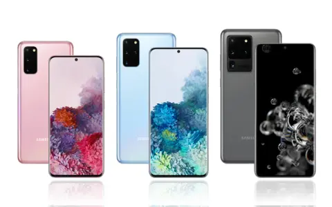 Różowy Samsung S20 i inne modele w różnych kolorach, prezentujące swoje ekrany z kolorowymi tapetami.