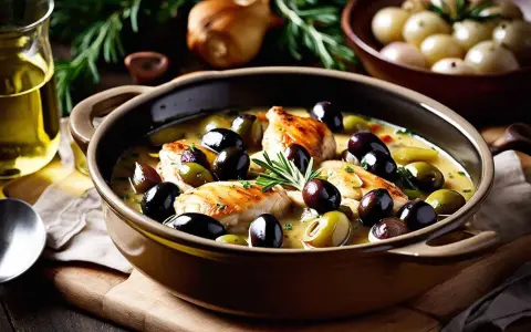 Un plat de poulet aux olives, garni de romarin frais, baignant dans une sauce onctueuse. Des oignons perlés et de l'huile d'olive complètent cette scène culinaire appétissante.