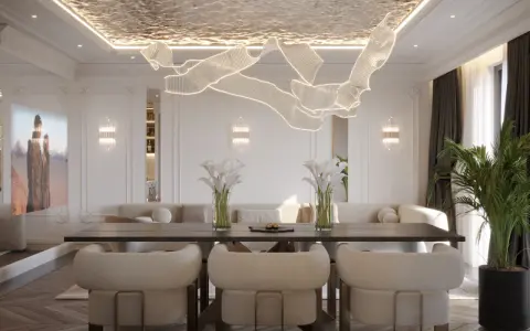 Nowoczesny salon z designerskim sufitem napinanym. Wady? Brak! Tylko elegancja i światło.