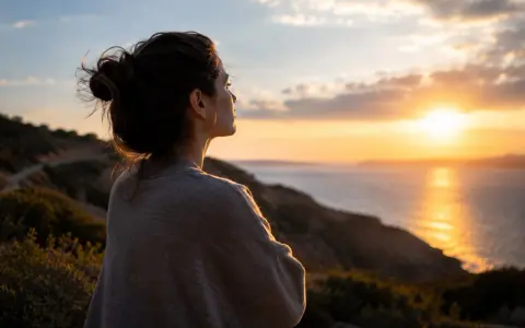 Frau blickt nachdenklich auf Sonnenuntergang über dem Meer. Die Weite spiegelt ihre **Angst vor Kontrollverlust** wider, während sie nach innerem Frieden sucht.