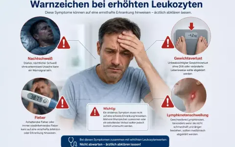 Warnzeichen bei erhöhten Leukozyten: Nachtschweiß, Fieber, Gewichtsverlust, Lymphknotenschwellung. Bei diesen Symptomen ärztlich abklären lassen!