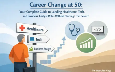Uomo guarda cartello con direzioni: Healthcare, Tech, Business Analyst. Offerte di lavoro dopo i 50 anni in questi settori.