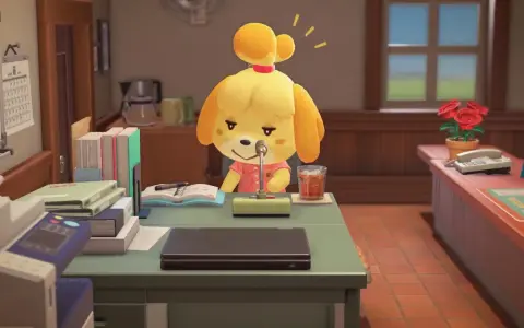 Isabelle, la perrita de Animal Crossing, habla por un micrófono en su escritorio.