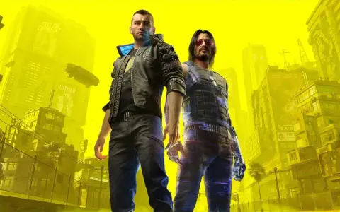Dwóch mężczyzn w neonowym mieście, symbolizujących drogę do zdobycia platyny w Cyberpunk 2077.