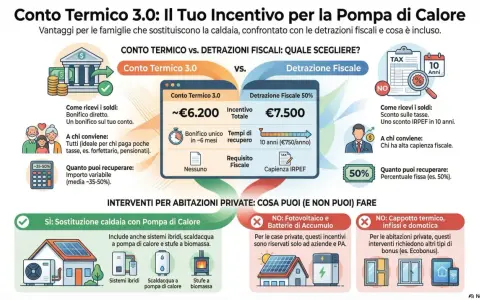 Confronto tra Conto Termico 3.0 e detrazioni fiscali per la sostituzione della caldaia. Il Conto Termico offre un bonifico diretto, ideale per chi paga poche tasse, mentre le detrazioni fiscali prevedono uno sconto IRPEF.