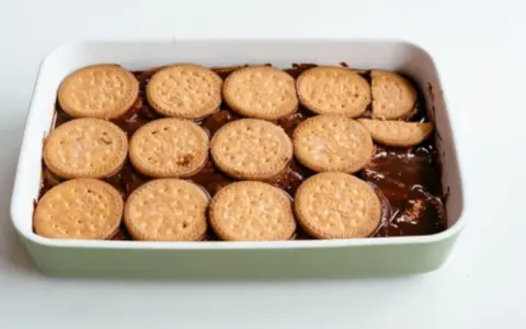 Una tarta de la abuela en preparación, con galletas redondas cubriendo una capa de chocolate en un recipiente blanco.