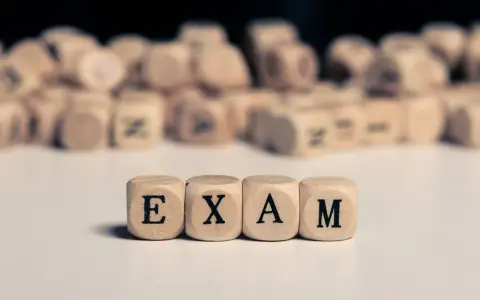 Drewniane kostki z literami tworzą napis "EXAM". Zastanawiasz się, na jakim poziomie jest matura podstawowa z angielskiego?