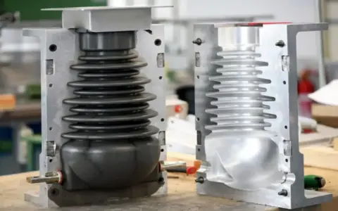 Two halves of a mold for compression molding products, one showing a black bellows-like component, the other an empty cavity.