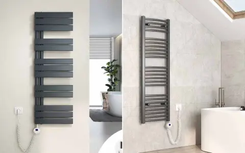 Deux sèche-serviettes modernes, un design rectiligne et un design incurvé, pour vous aider à choisir comment choisir son sèche-serviette.