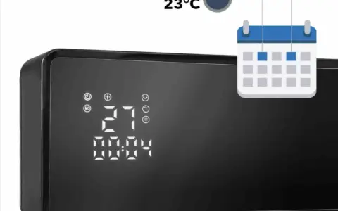 Nowoczesna kurtyna powietrzna jako ogrzewanie. Wyświetla temperaturę 27°C i czas. Ikony sugerują programowanie i ogrzewanie.