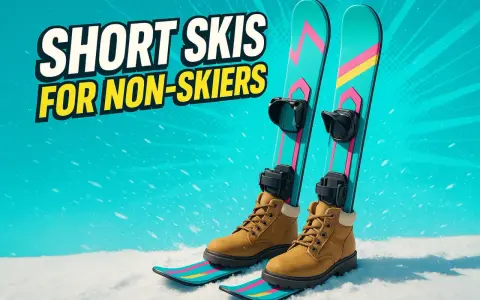 Krótkie narty z wiązaniami na buty, stojące na śniegu.