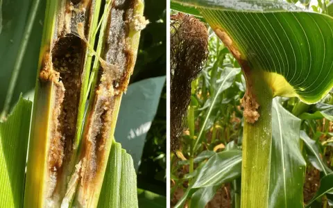 Close-up of a corn stalk hollowed out by a corn borer larva. Another image shows damage to the stalk and leaves, with evidence of the pest.