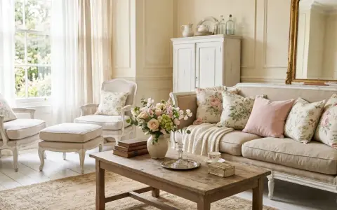 Salon au style antique, avec canapé et fauteuils en lin, coussins fleuris, table basse en bois brut et miroir doré.