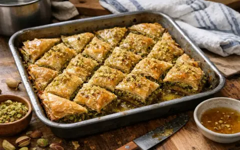 Un plateau de baklava maison, doré et croustillant, garni de pistaches concassées. Une délicieuse recette de baklava à partager.