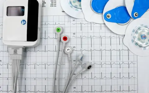Elektrokardiograf i elektrody do badań serca na tle zapisu EKG.