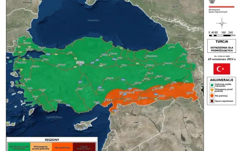 Mapa Turcji z zaznaczonymi regionami: zielony - zachowaj ostrożność, pomarańczowy - ostrzegamy przed podróżą. Czy w Turcji jest bezpiecznie? Zależy od regionu.