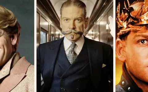 Kenneth Branagh in tre ruoli iconici: un sorriso radioso, l'ispettore Poirot e un re incoronato.