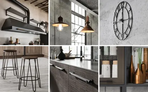 Cucina con cappa in metallo, lampade a sospensione, orologio da parete e sgabelli. Stile industrial chic moderno.