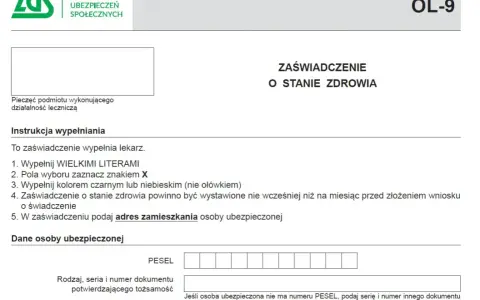 Formularz ZUS OL-9, zaświadczenie o stanie zdrowia, potrzebne do ubiegania się o rentę chorobową. Wypełnia lekarz.