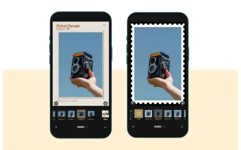 Deux écrans de smartphone montrant comment ajouter une bordure à une photo. L'un avec un cadre vintage, l'autre avec un cadre de timbre-poste.