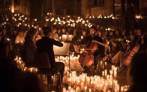 En konsert i Stockholm med hundratals levande ljus som skapar en magisk atmosfär. Cellister spelar medan publiken lyser upp rummet med sina egna ljus.