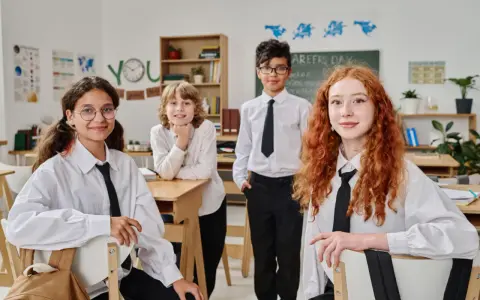 Vier Schüler in weißem Hemd und schwarzer Krawatte im Klassenzimmer. Ein Vergleich des Schulsystems Finnland und Deutschland könnte hier beginnen.