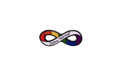 Symbol autyzmu w kształcie nieskończoności, tęczowy, z napisem "Define 'Normal'".