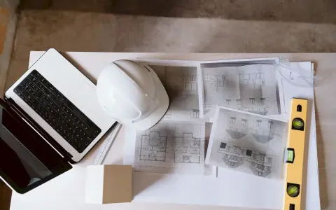 Laptop, kask, poziomica i plany architektoniczne – kompletny zestaw do pracy nad projektem technicznym.
