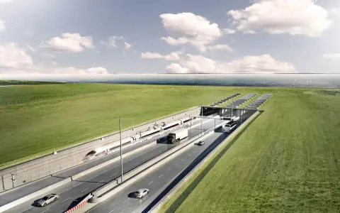 En tunnel för tåg och bilar mellan bro Danmark och Tyskland. Pris för framtida resor.