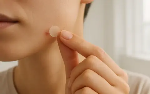 Une main applique un patch boutons sur une peau.