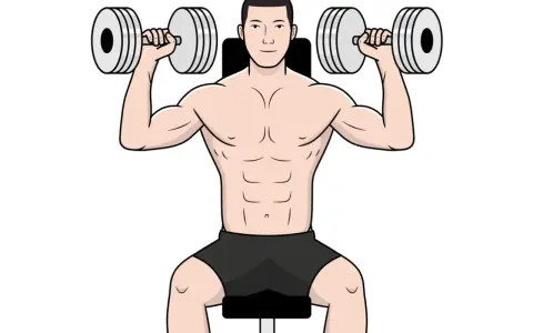 Homme musclé travaillant ses épaules avec des haltères. Il est assis, concentré sur son entraînement pour muscler ses épaules.