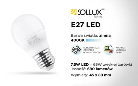 Żarówka LED E27 Sollux 7,5W, 690lm, 4000K. To nowoczesne oświetlenie, które zastąpi żarówkę halogenową 65W.