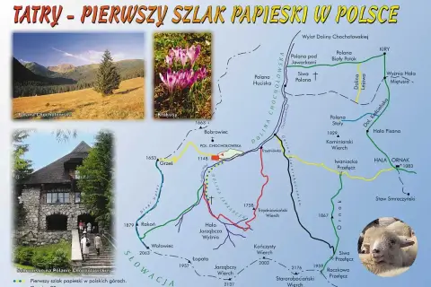Mapa Tatr z zaznaczonym szlakiem papieskim, widok na Polanę Chochołowską, krokusy i schronisko.