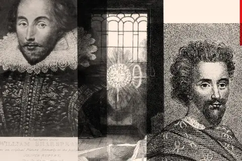 A collage featuring a portrait of William Shakespeare, a window with a sunburst, and a portrait of Christopher Marlowe.