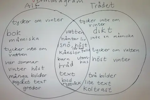 Venn-diagram som jämför Alf och Trädet. Alf gillar vinter, böcker och människor. Trädet gillar inte vinter, men tycker om vatten och höst. I mitten finns saker som kan dikt vara, som snö, känslor och barn.