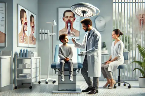 Lekarz bada małego pacjenta, który siedzi na fotelu. Na ścianie wiszą anatomiczne plansze, sugerujące konsultację związaną z podcięciem wędzidełka.