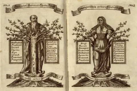 Drzewa genealogiczne z postaciami mężczyzny i kobiety, przedstawiające relacje rodzinne, w tym kuzynów.