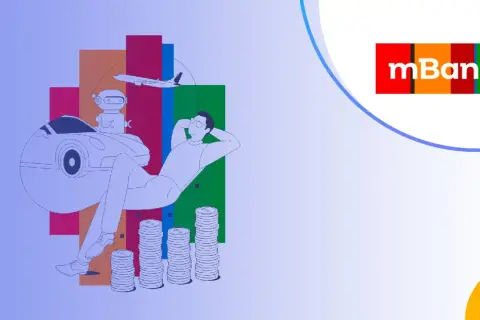 Zrelaksowany człowiek na tle wykresów, symbolizujących marzenia o podróżach i samochodzie, dzięki mBank lokata na nowe środki.