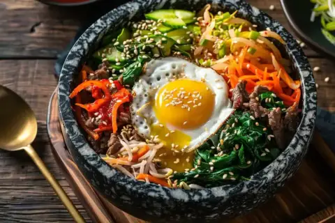 Un bol de bibimbap coloré avec œuf au plat, bœuf, légumes et riz. Une invitation à essayer cette recette !