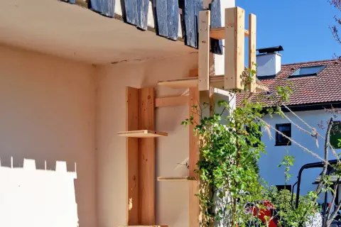 Selbstgebaute katzentreppe aus Holz, die an einer Hauswand befestigt ist. Mehrere Ebenen laden zum Klettern ein.
