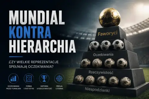 Złota piłka na szczycie piramidy symbolizuje faworytów mundialu. Pod nią warstwy z piłkami: oczekiwania, rzeczywistość i niespodzianki. Analiza rankingów mundialu.