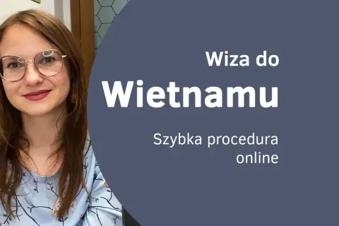 Kobieta w okularach z uśmiechem. Napis: Wiza do Wietnamu. Szybka procedura online.